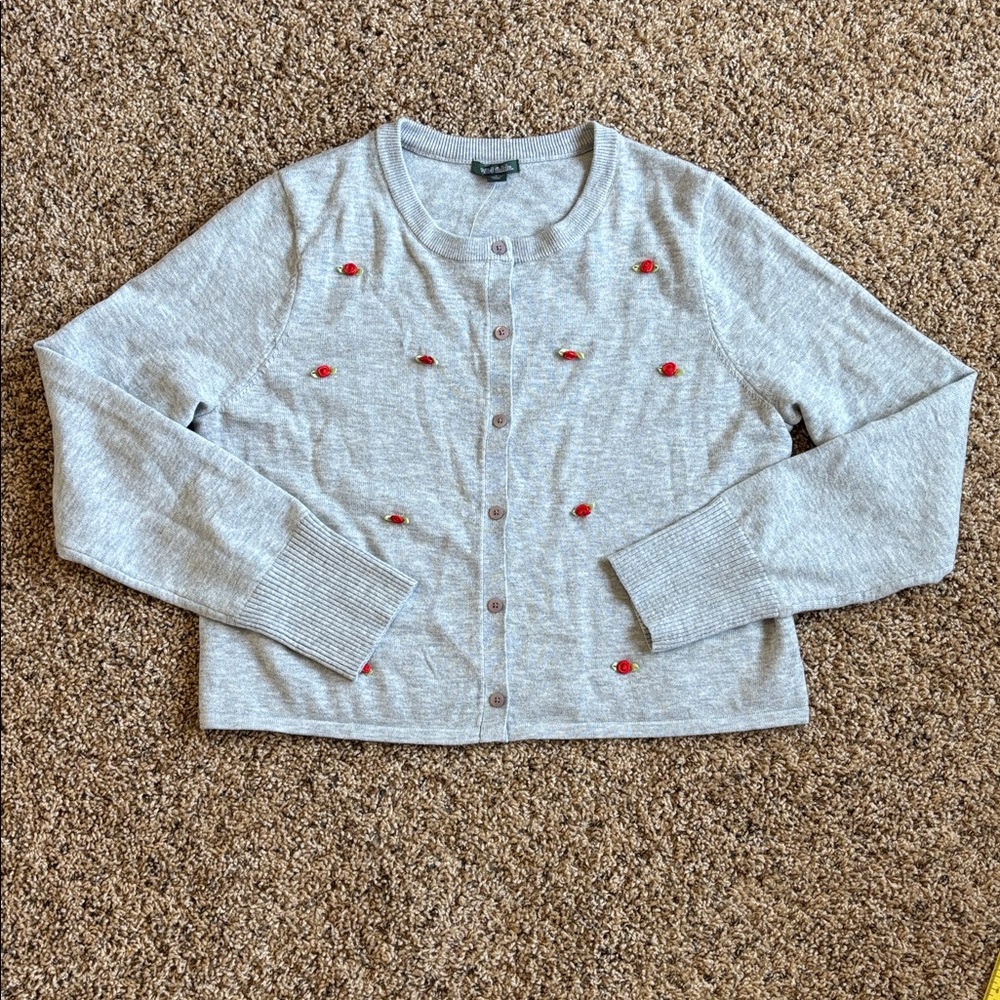Wild Fable Light Gray Rose Embroidered Knit Cardigan Button Sweater, Size Large